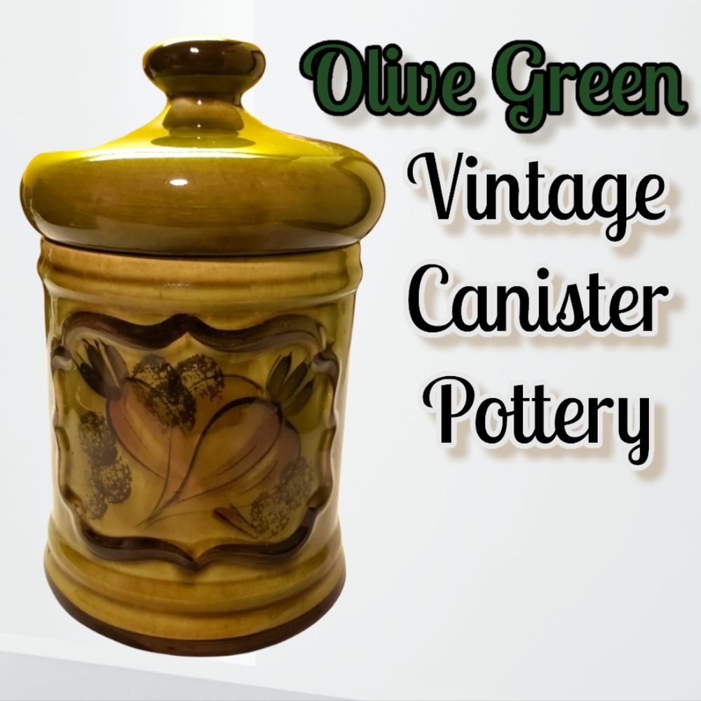 Vintage Canister Green Signed Glazed Pottery